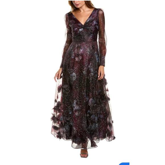 Marchesa Notte Blouson Sleeve Foiled Floral Appliquéd 3D Organza Gown Sz 10 - Picture 1 of 16
